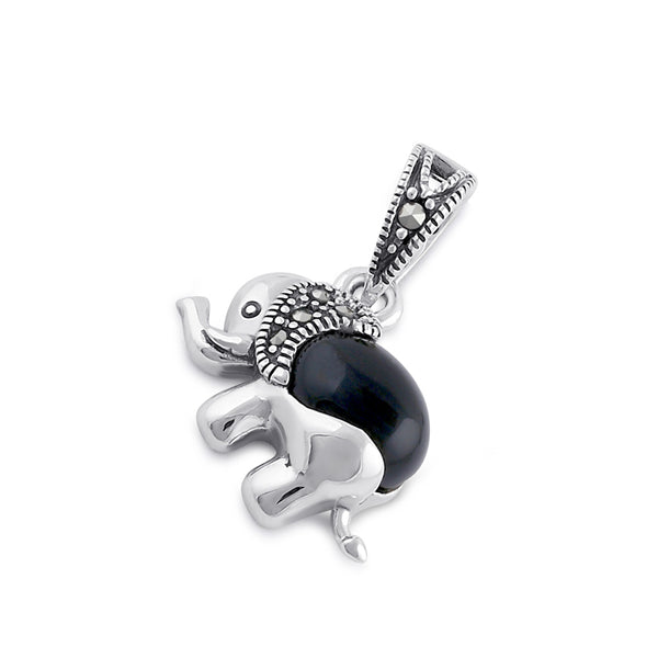 Sterling Silver Onyx Elephant Marcasite Pendant