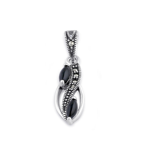 Sterling Silver Onyx Leaf Design Marcasite Pendant
