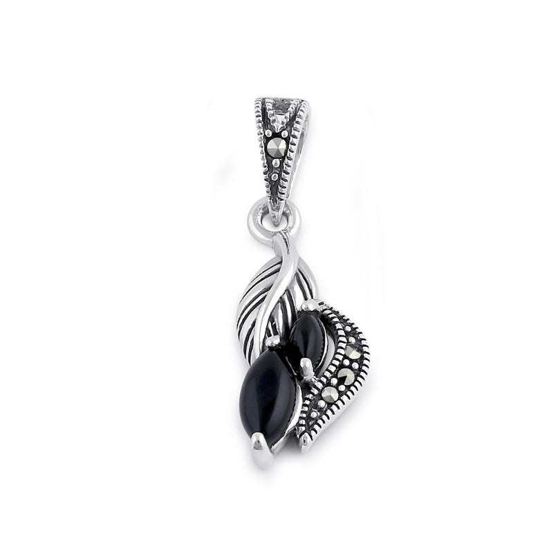 Sterling Silver Onyx Leafy Marcasite Pendant