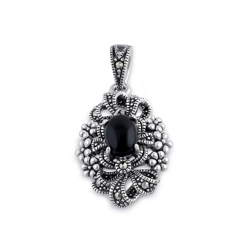 Sterling Silver Onyx Ribbon Floral Marcasite Pendant