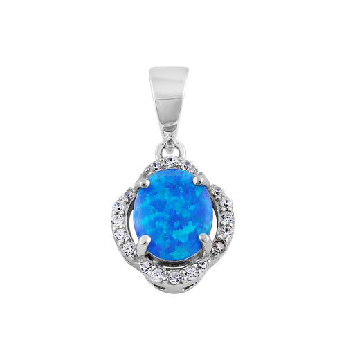 Sterling Silver Elegant Blue Lab Opal Oval Halo Pendant