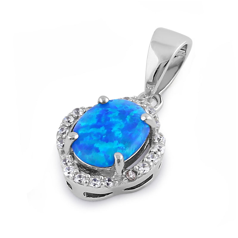 Sterling Silver Elegant Blue Lab Opal Oval Halo Pendant