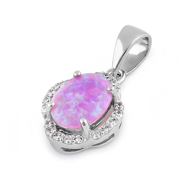 Sterling Silver Elegant Pink Lab Opal Oval Halo Pendant