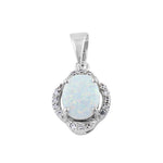 Sterling Silver Elegant White Lab Opal Oval Halo Pendant