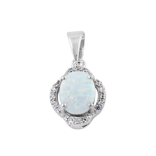 Sterling Silver Elegant White Lab Opal Oval Halo Pendant