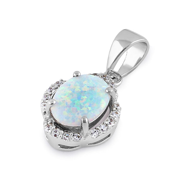 Sterling Silver Elegant White Lab Opal Oval Halo Pendant