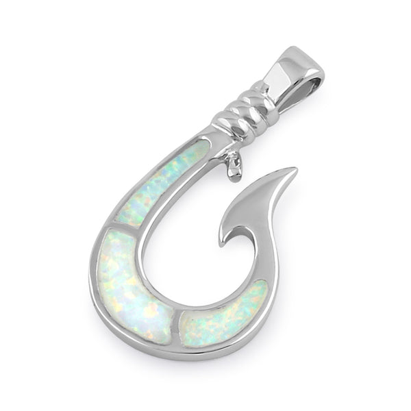 Sterling Silver White Lab Opal Maui Fish Hook Pendant