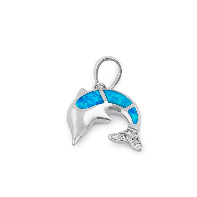 Sterling Silver Blue Lab Opal Dolphin CZ Pendant