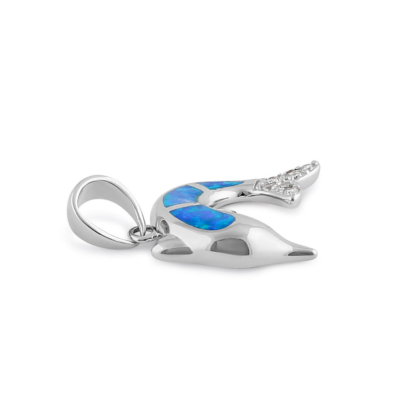 Sterling Silver Blue Lab Opal Dolphin CZ Pendant