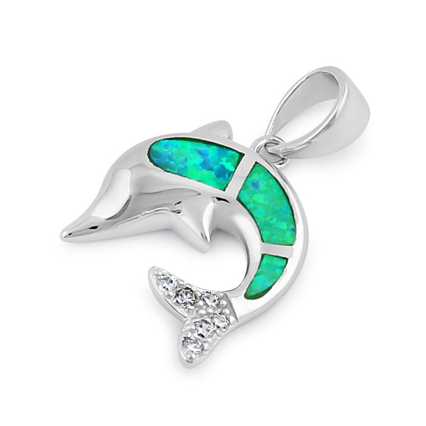 Sterling Silver Green Lab Opal Dolphin CZ Pendant