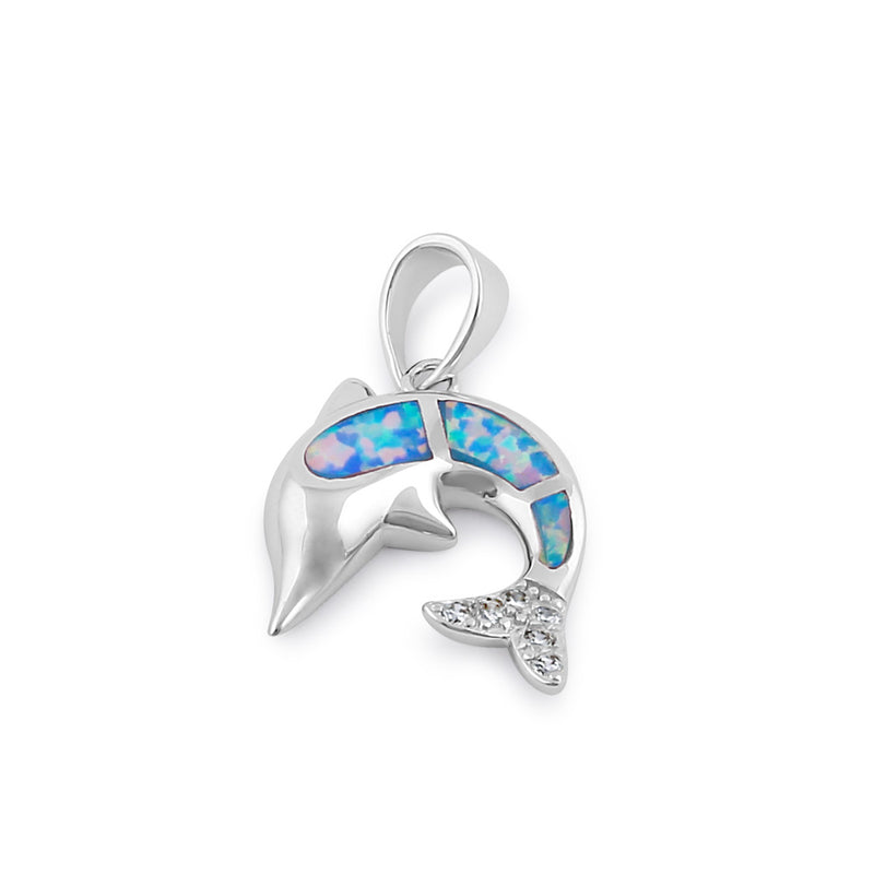 Sterling Silver Blue Lavender Lab Opal Dolphin CZ Pendant
