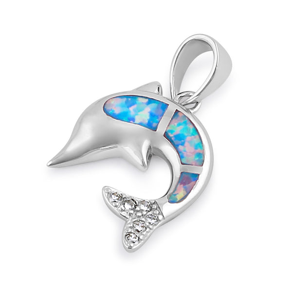 Sterling Silver Blue Lavender Lab Opal Dolphin CZ Pendant