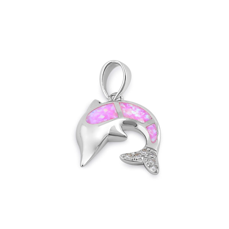 Sterling Silver Pink Lab Opal Dolphin CZ Pendant