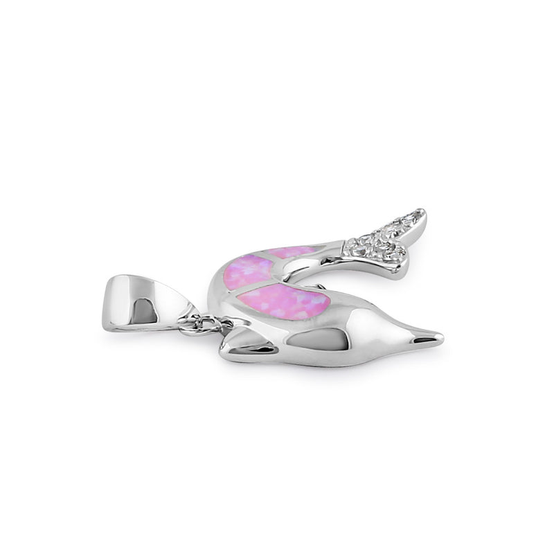 Sterling Silver Pink Lab Opal Dolphin CZ Pendant