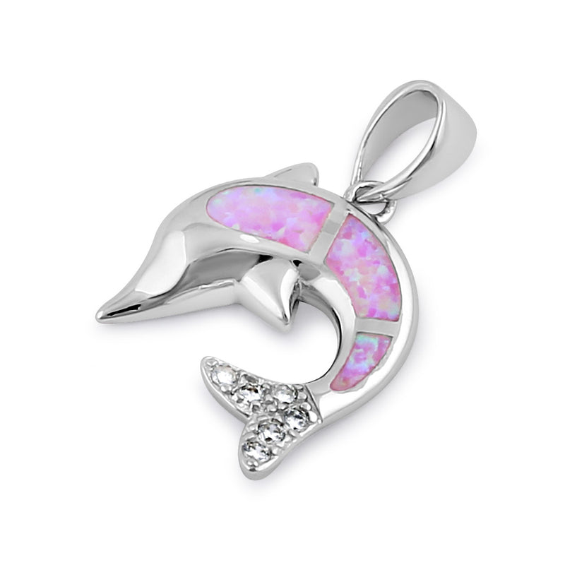 Sterling Silver Pink Lab Opal Dolphin CZ Pendant