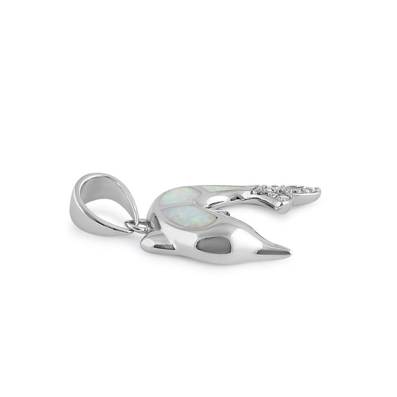 Sterling Silver White Lab Opal Dolphin CZ Pendant