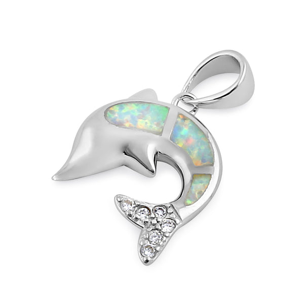 Sterling Silver White Lab Opal Dolphin CZ Pendant