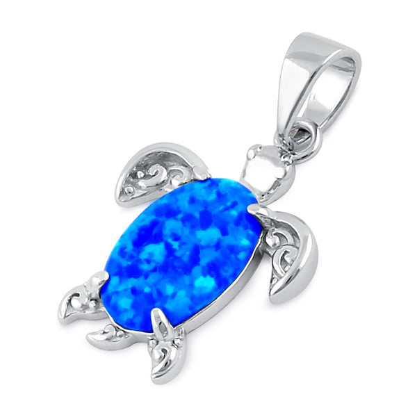 Sterling Silver Blue Lab Opal Filigree Sea Turtle Pendant