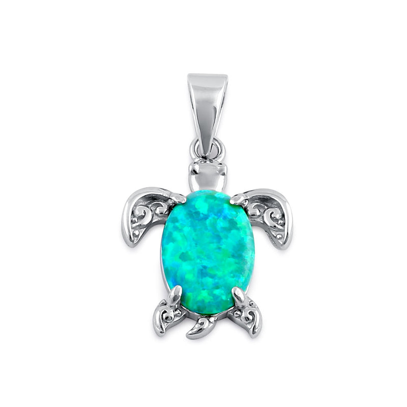 Sterling Silver Green Lab Opal Filigree Sea Turtle Pendant