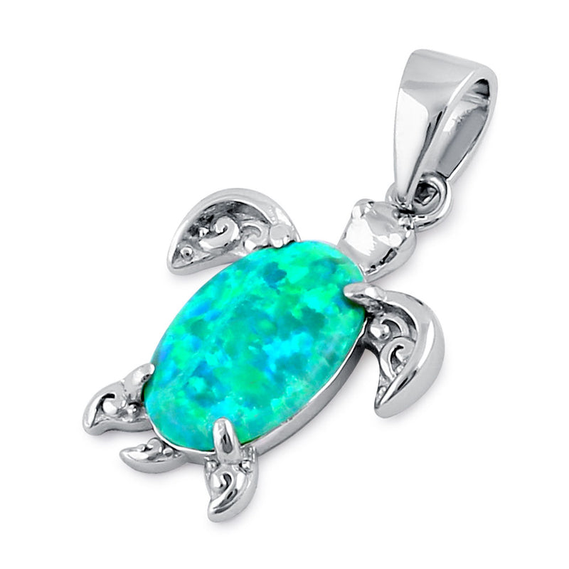 Sterling Silver Green Lab Opal Filigree Sea Turtle Pendant