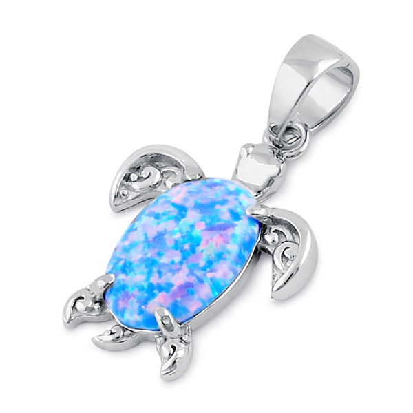Sterling Silver Blue Lavender Lab Opal Filigree Sea Turtle Pendant