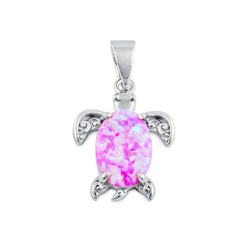 Sterling Silver Pink Lab Opal Filigree Sea Turtle Pendant