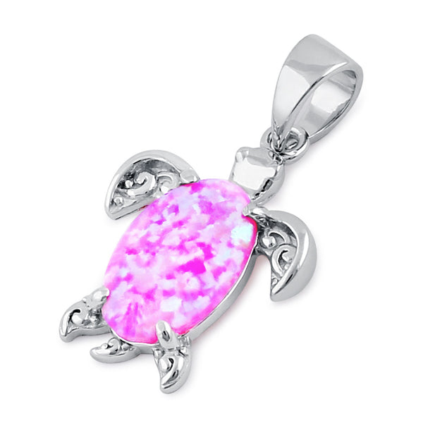 Sterling Silver Pink Lab Opal Filigree Sea Turtle Pendant