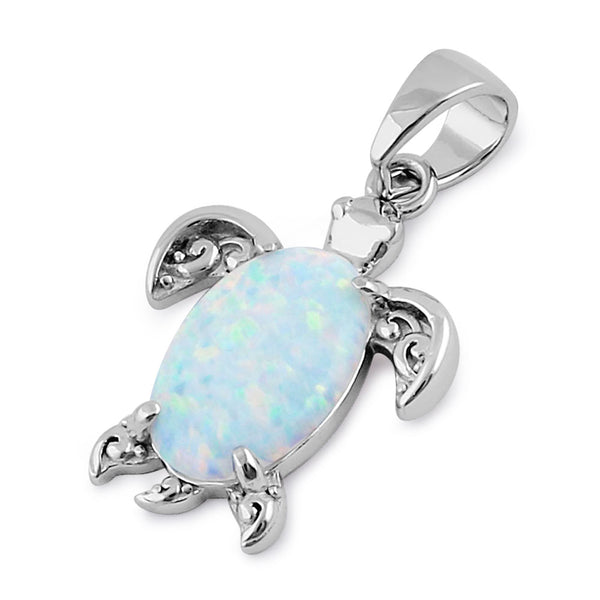 Sterling Silver White Lab Opal Filigree Sea Turtle Pendant