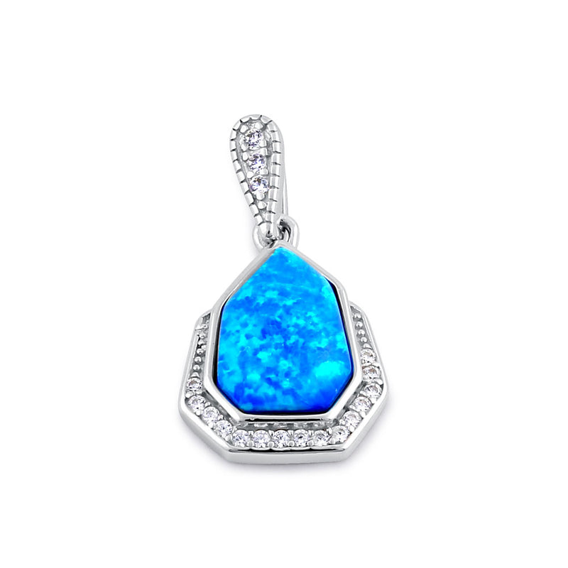 Sterling Silver Elegant Blue Lab Opal & Clear CZ Heptagon Pendant