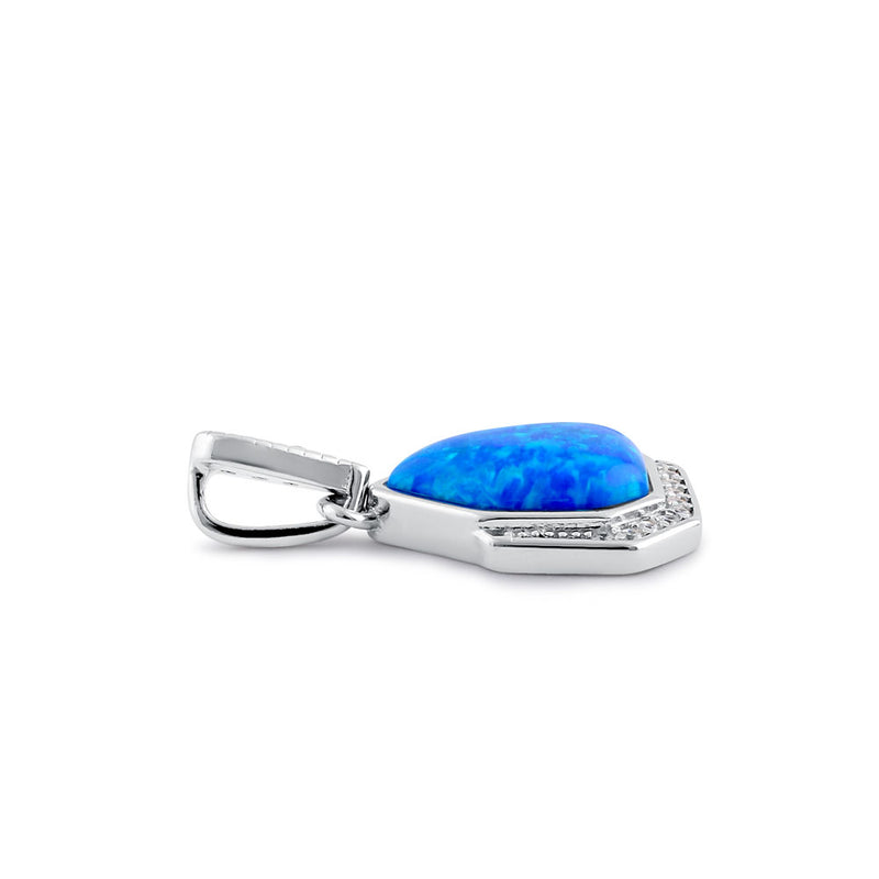 Sterling Silver Elegant Blue Lab Opal & Clear CZ Heptagon Pendant