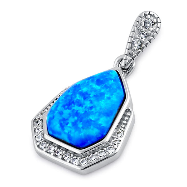 Sterling Silver Elegant Blue Lab Opal & Clear CZ Heptagon Pendant