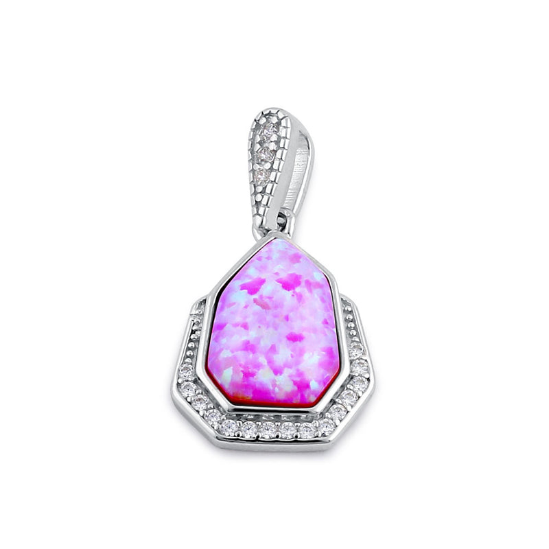 Sterling Silver Elegant Pink Lab Opal & Clear CZ Heptagon Pendant