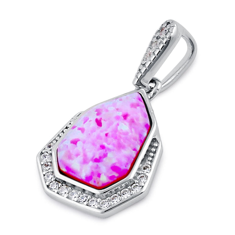 Sterling Silver Elegant Pink Lab Opal & Clear CZ Heptagon Pendant