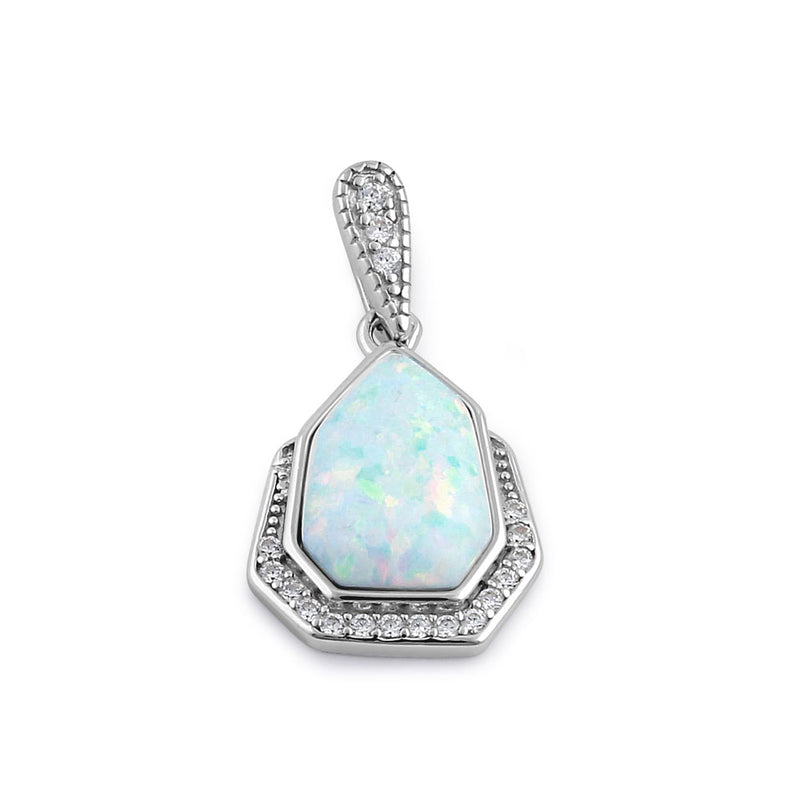 Sterling Silver Elegant White Lab Opal & Clear CZ Heptagon Pendant