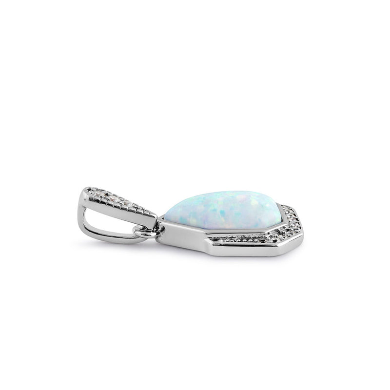 Sterling Silver Elegant White Lab Opal & Clear CZ Heptagon Pendant