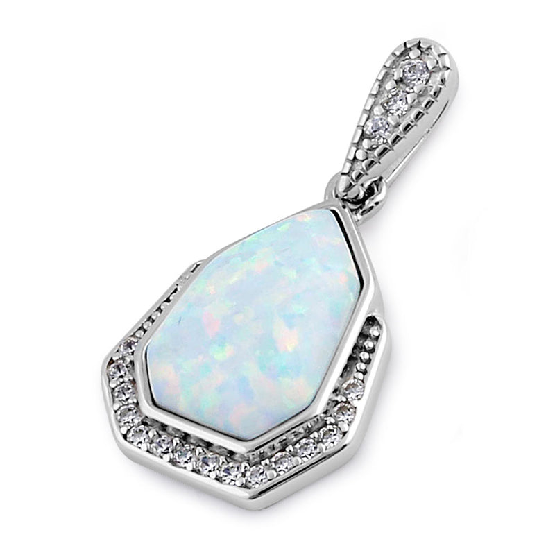 Sterling Silver Elegant White Lab Opal & Clear CZ Heptagon Pendant