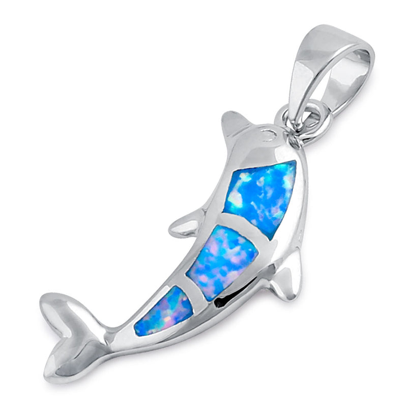 Sterling Silver Blue Lavender Lab Opal Bottlenose Dolphin Pendant
