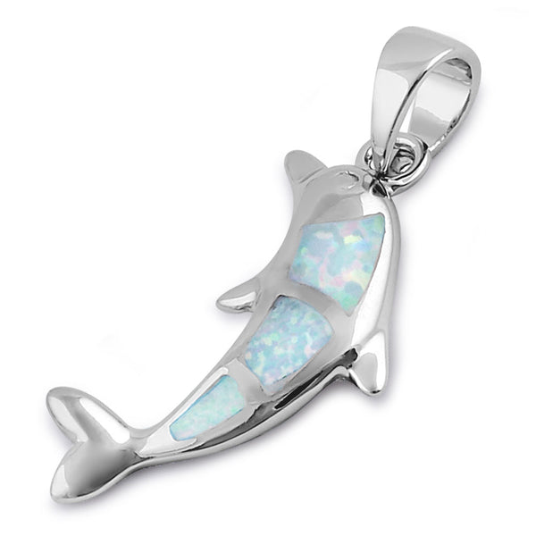 Sterling Silver White Lab Opal Bottlenose Dolphin Pendant