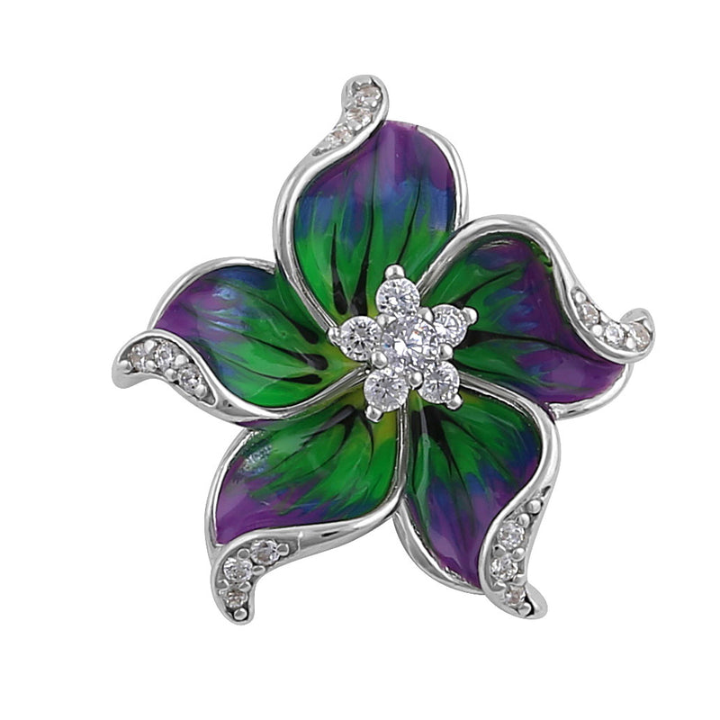 Sterling Silver Hand-Painted Hawaiian Flower Purple Green with Clear CZ Pendant