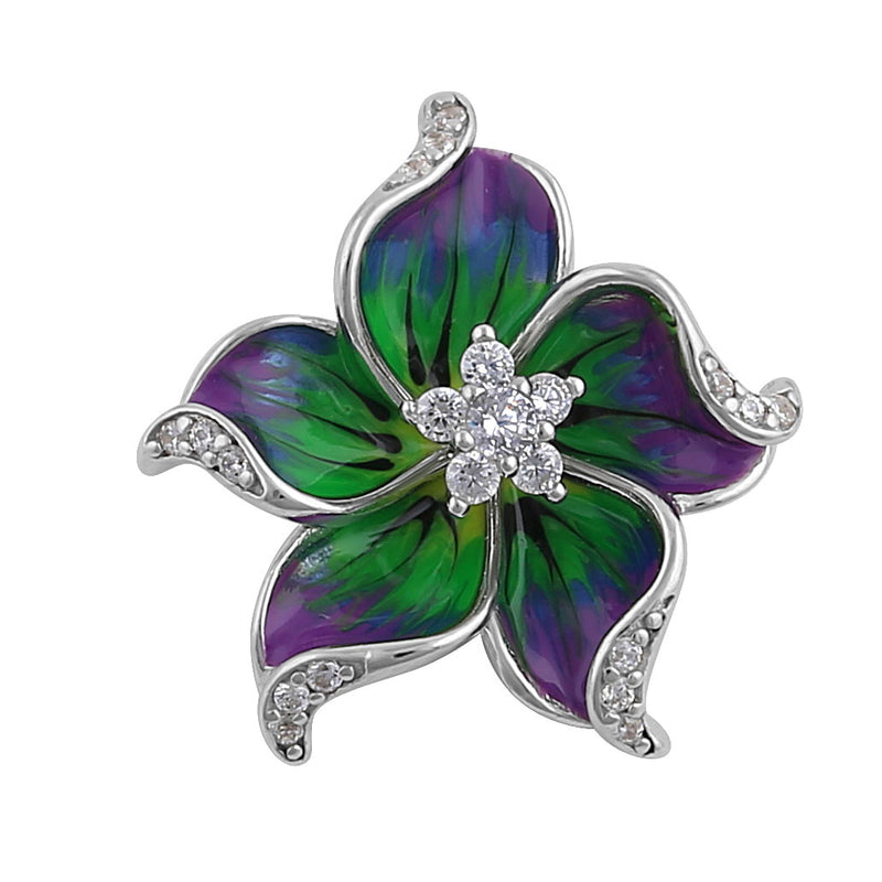 Sterling Silver Hand-Painted Hawaian Flower Purple Green with Clear CZ Pendant