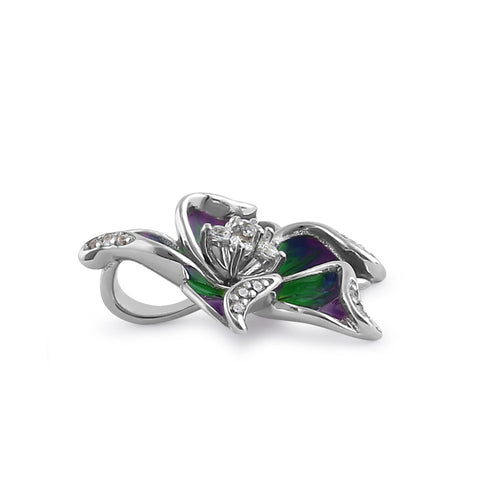 Sterling Silver Hand-Painted Hawaiian Flower Purple Green with Clear CZ Pendant