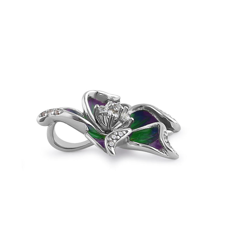 Sterling Silver Hand-Painted Hawaiian Flower Purple Green with Clear CZ Pendant