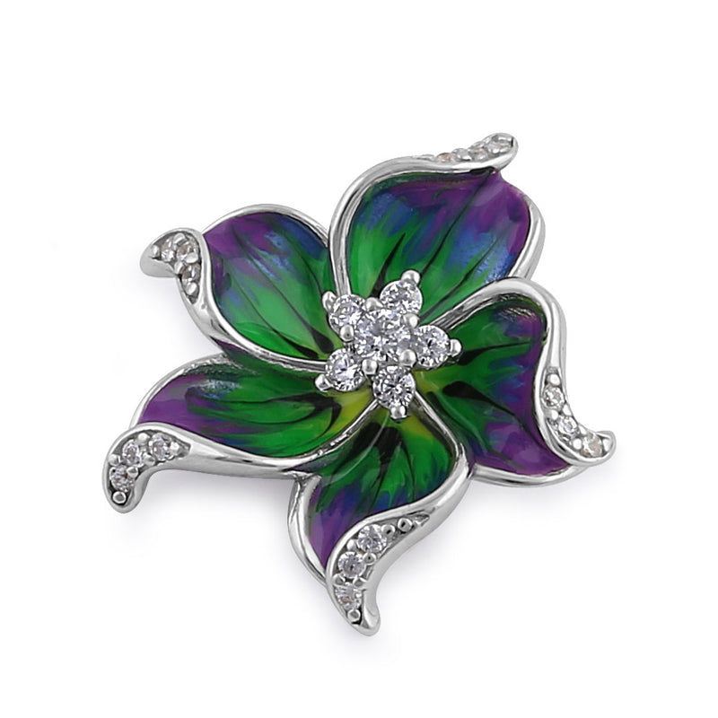 Sterling Silver Hand-Painted Hawaian Flower Purple Green with Clear CZ Pendant