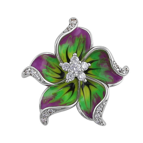 Sterling Silver Hand-Painted Hawaiian Flower Magenta Lime with  Clear CZ Pendant