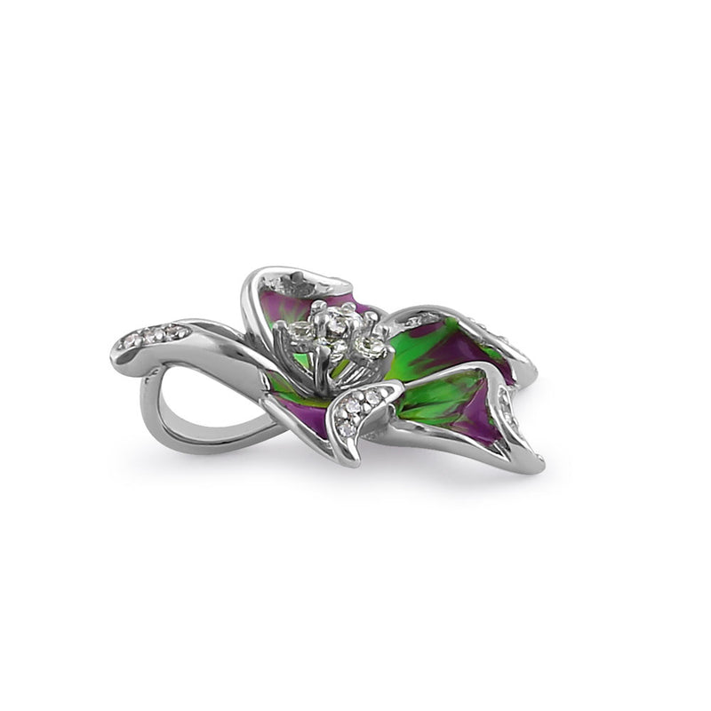 Sterling Silver Hand-Painted Hawaian Flower Magenta Lime with  Clear CZ Pendant