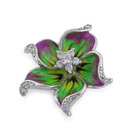 Sterling Silver Hand-Painted Hawaiian Flower Magenta Lime with  Clear CZ Pendant
