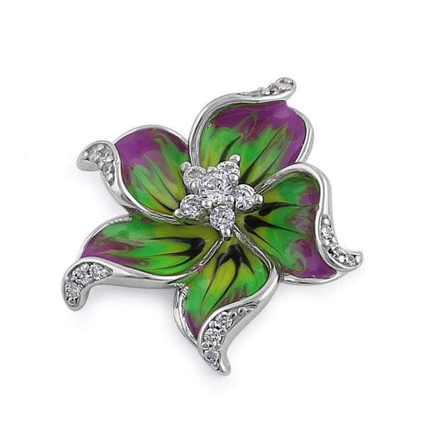 Sterling Silver Hand-Painted Hawaian Flower Magenta Lime with  Clear CZ Pendant