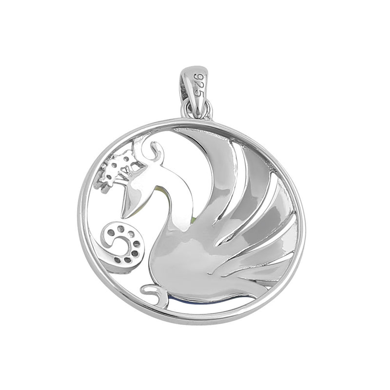 Sterling Silver Hand-Painted Exotic Peacock Multi-Colored with Clear CZ Pendant