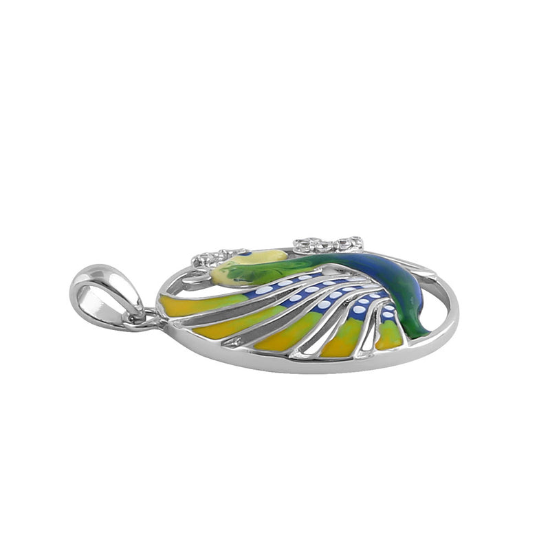 Sterling Silver Hand-Painted Exotic Peacock Multi-Colored with Clear CZ Pendant