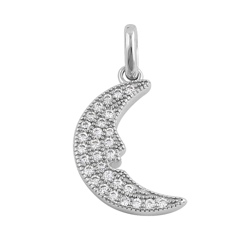 Sterling Silver Elegant Crescent Moon Face Round Cut Clear CZ Pendant